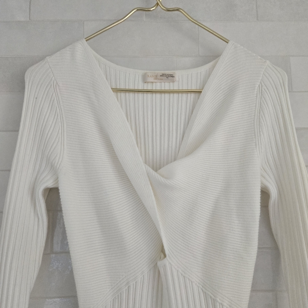 Ramy Brook $425 Pilar Rib-Knit Cutout Twist Bodycon Midi Long Sleeve Dress White - Picture 3 of 8